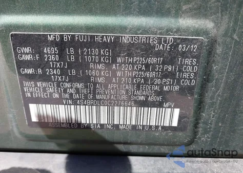 2012 Subaru Outback 3.6R Limited from USA, damaged, VIN 4S4BRDLC0C2276646